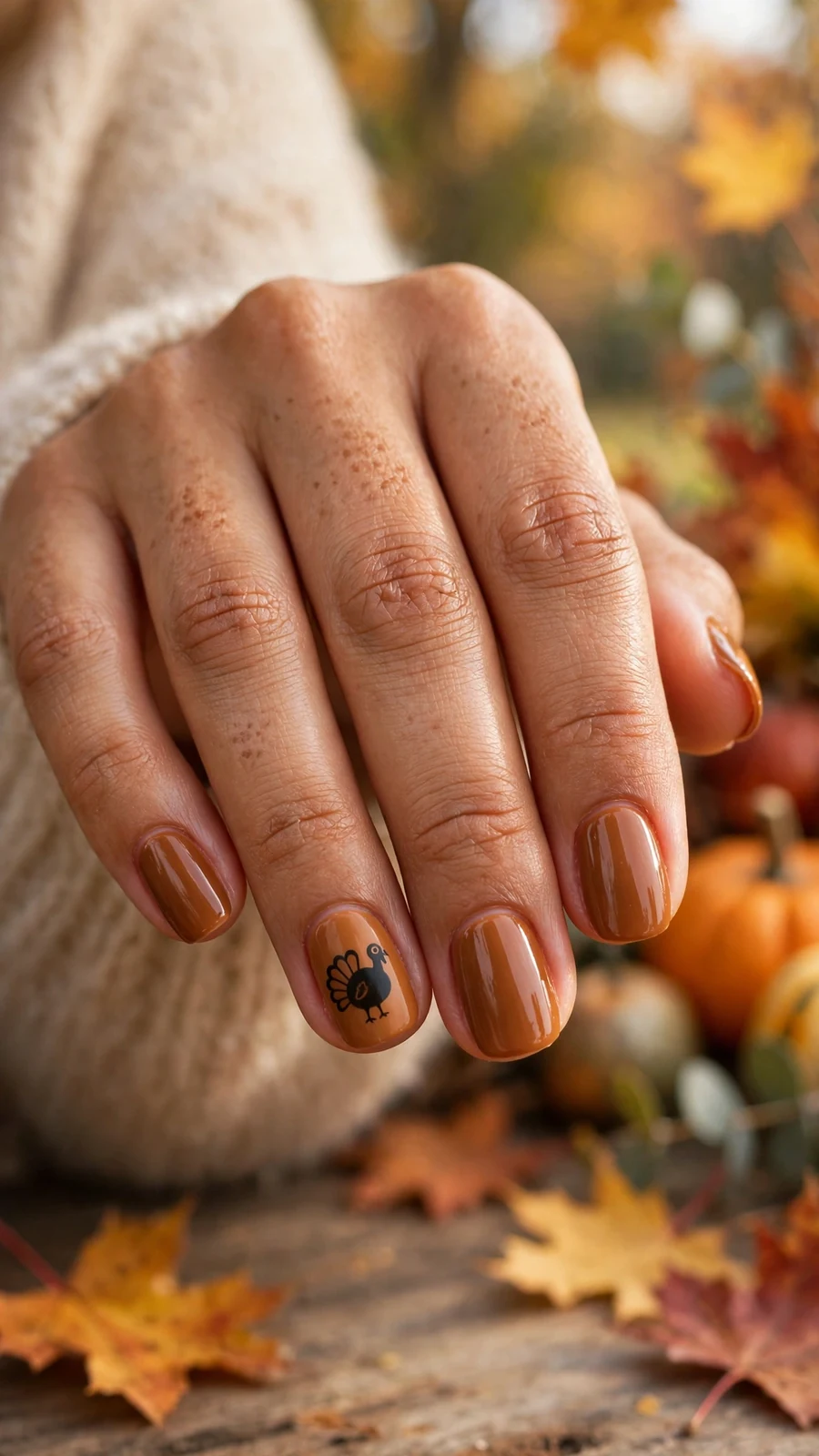 Thanksgiving nail designs with a turkey silhouette on cream nails