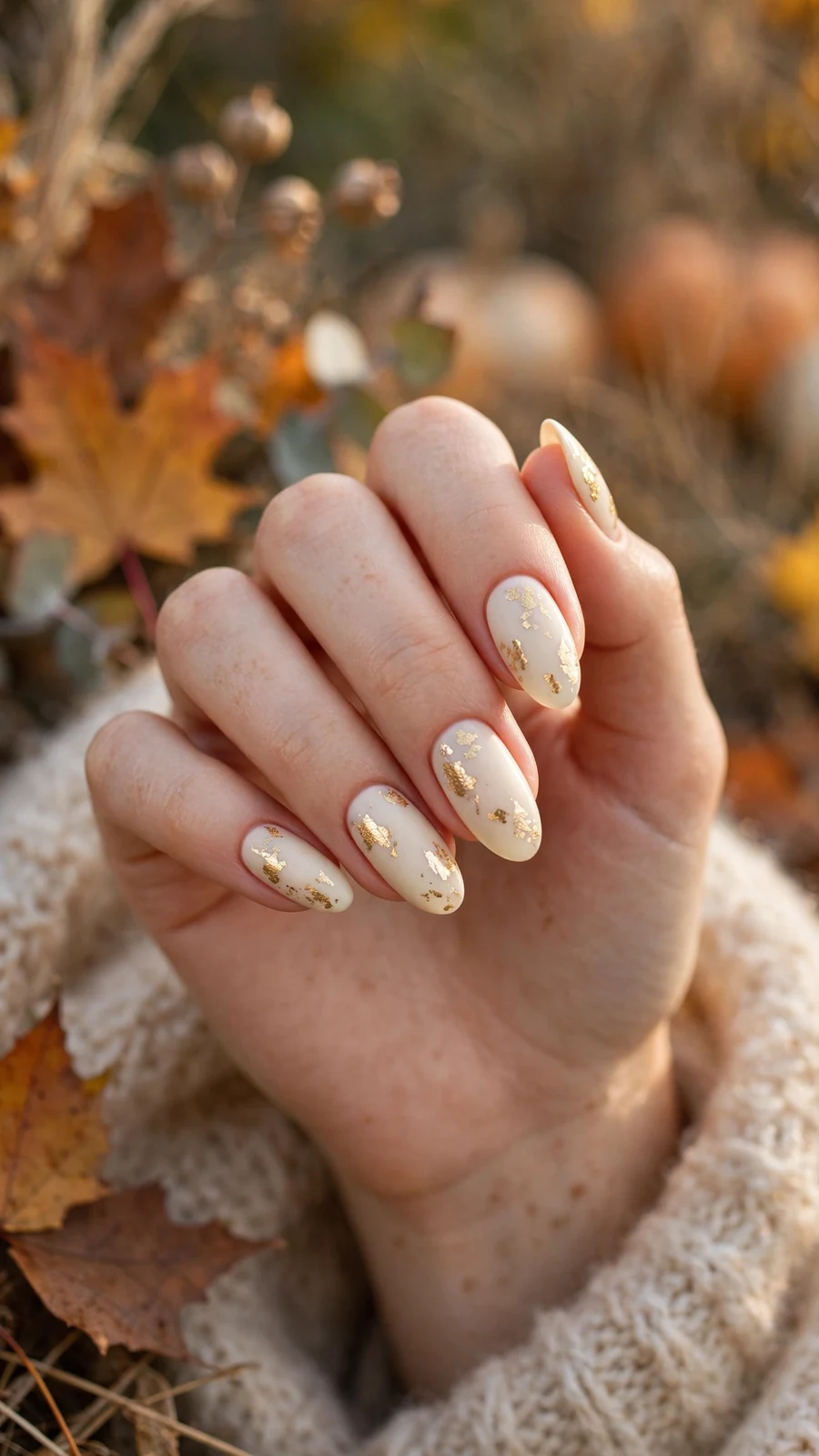 Thanksgiving nail designs: cream nails with gold-leaf autumn leaves