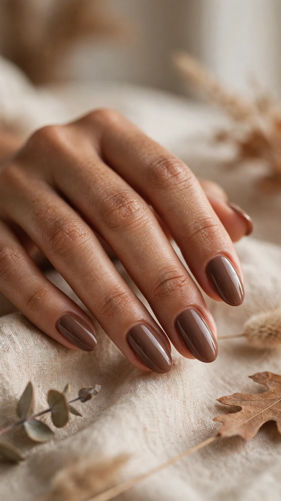 Thanksgiving nail designs in solid mocha-brown, neutral and polished