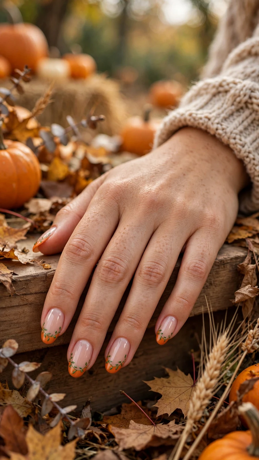 Thanksgiving nail designs with pumpkin patch French tips and vine detail