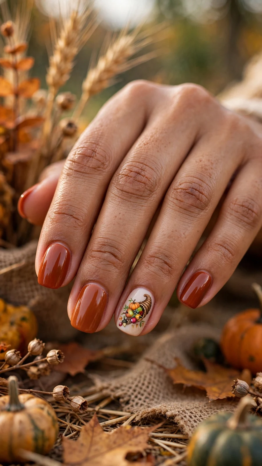Thanksgiving nail designs with a cornucopia harvest accent nail