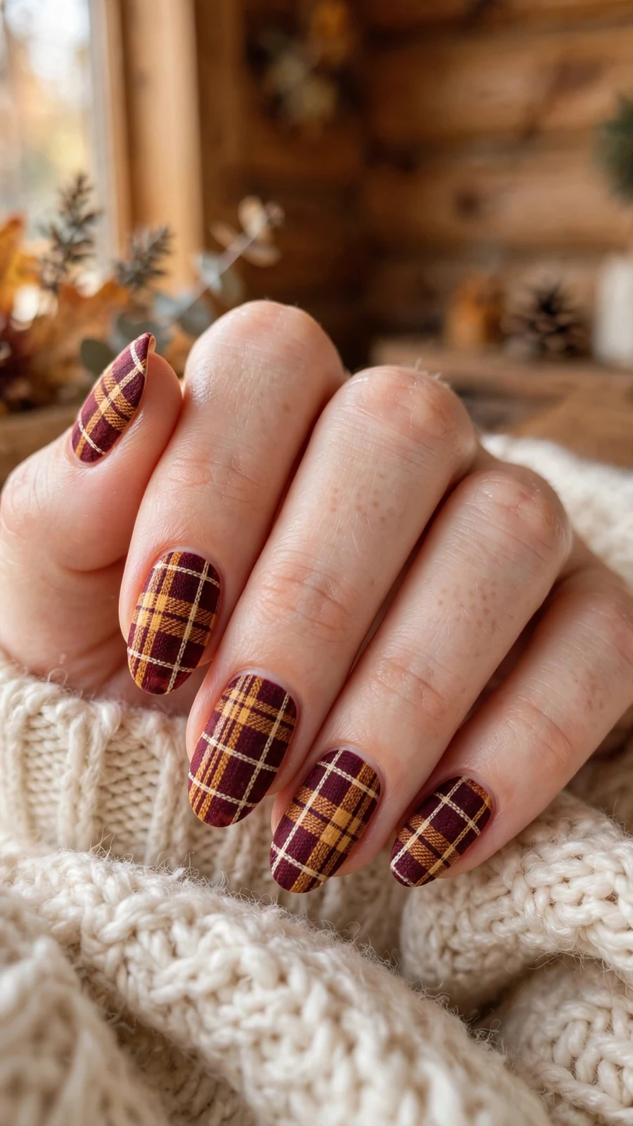 Thanksgiving nail designs with cozy flannel plaid pattern