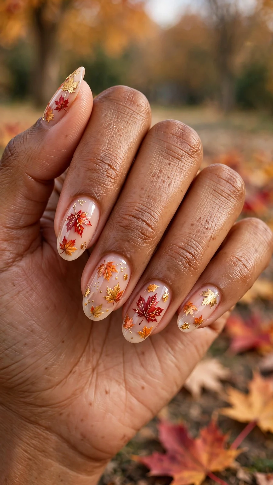 Thanksgiving nail designs with falling maple leaves on a nude base