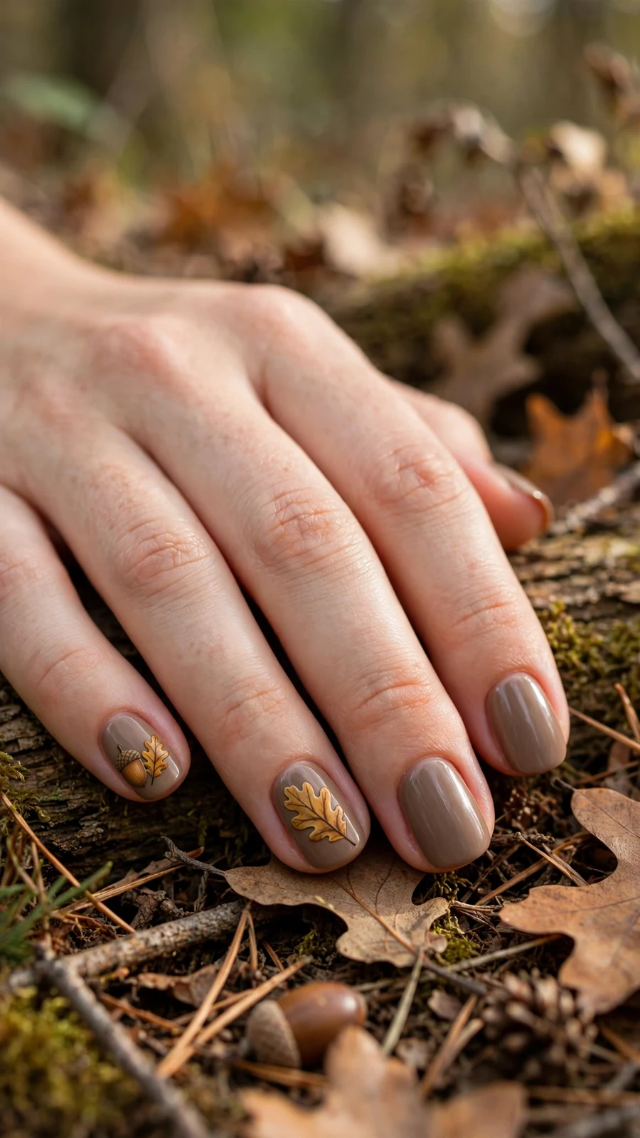 Thanksgiving nail designs with acorn and oak leaf accents on taupe nails