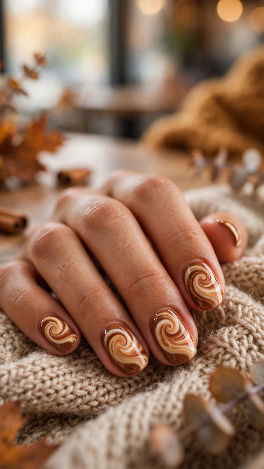 Thanksgiving nail designs with cinnamon swirl latte art