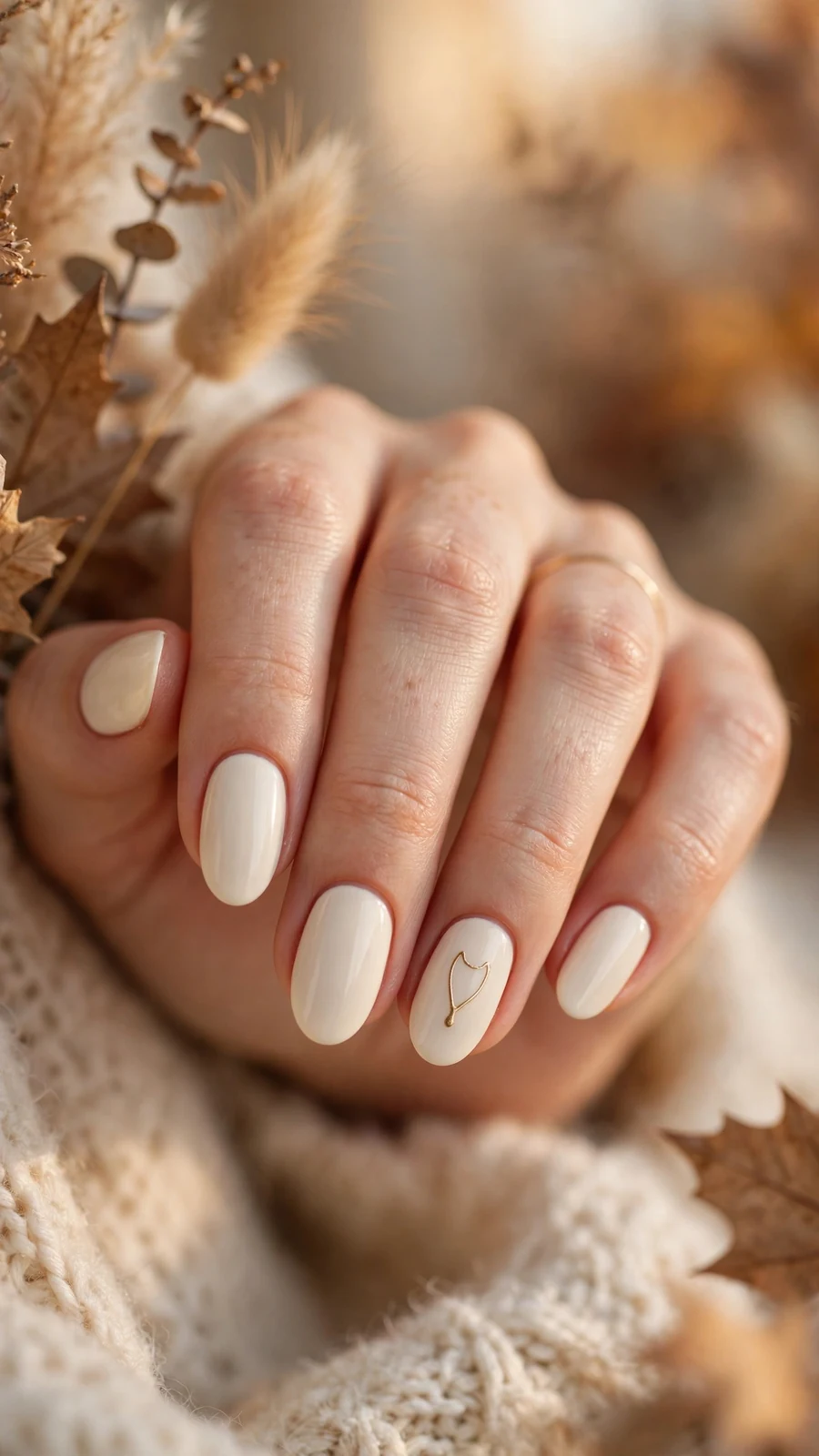 Thanksgiving nail designs with a minimal gold wishbone accent