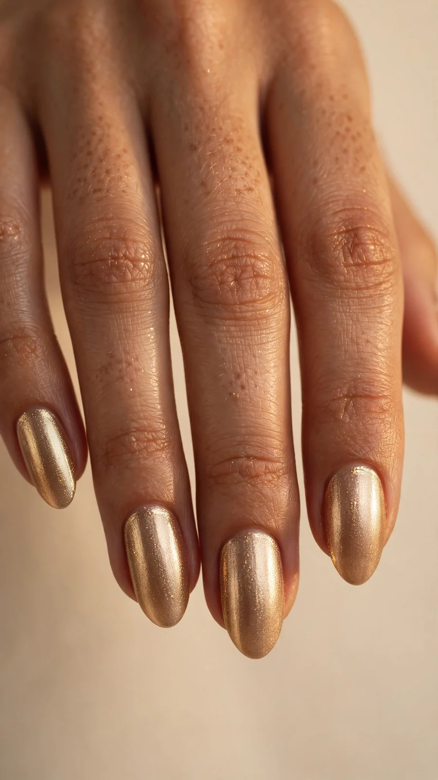 Thanksgiving nail designs: champagne gold shimmer on almond nails with harvest glow