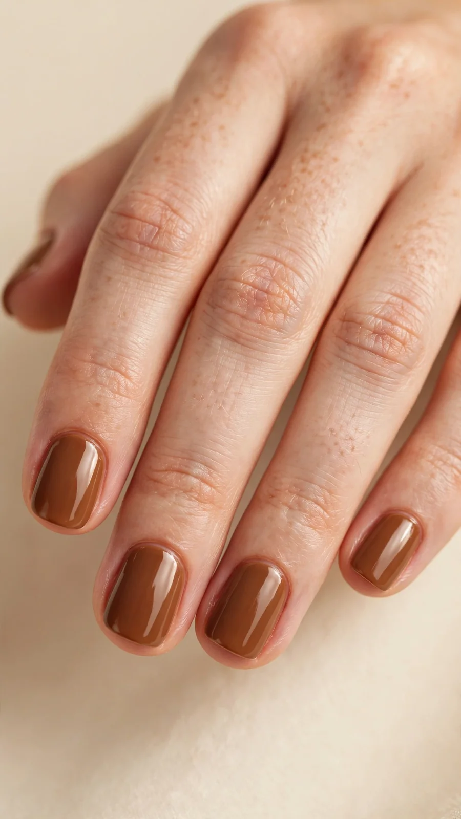 Thanksgiving nail designs: warm pecan-brown gloss on short squoval nails