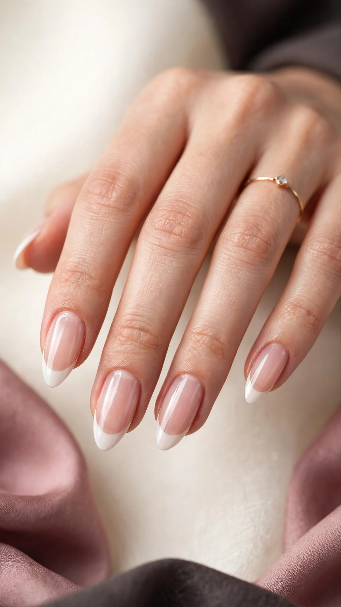 Manicura francesa cl&aacute;sica en u&ntilde;as acr&iacute;licas con forma almendra