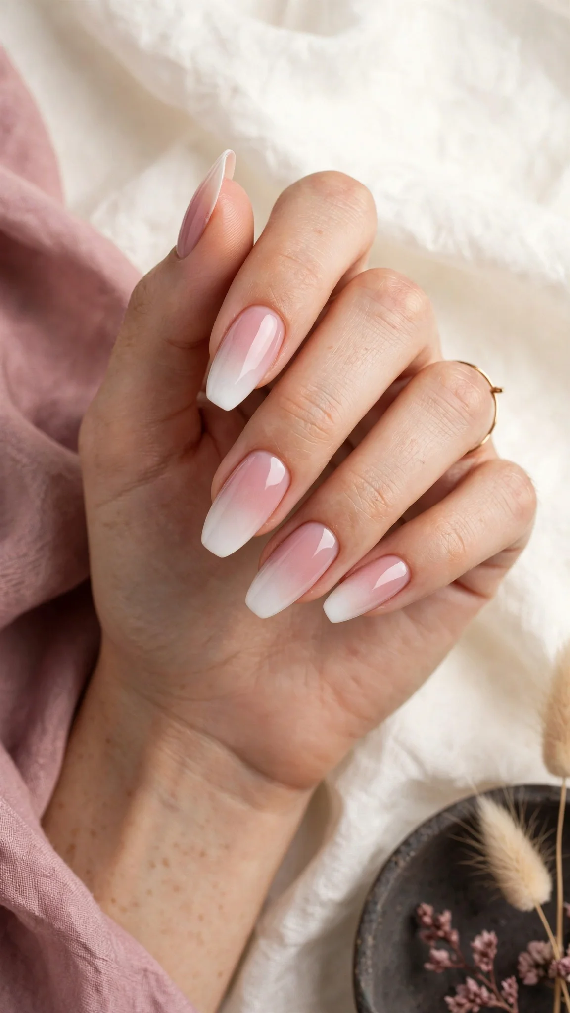 U&ntilde;as acr&iacute;licas baby boomer con degradado rosa a blanco