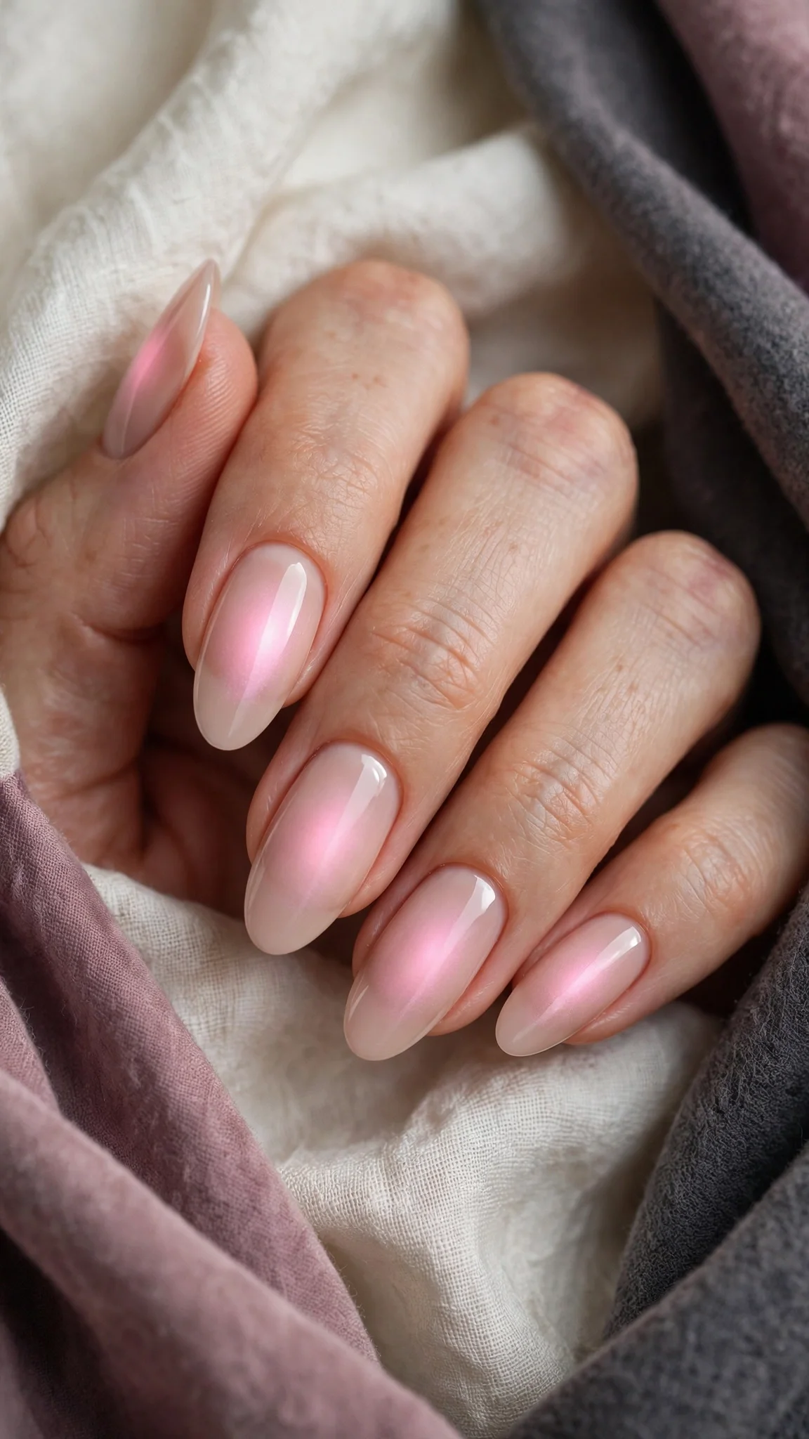 U&ntilde;as acr&iacute;licas almendra con efecto aura rosa