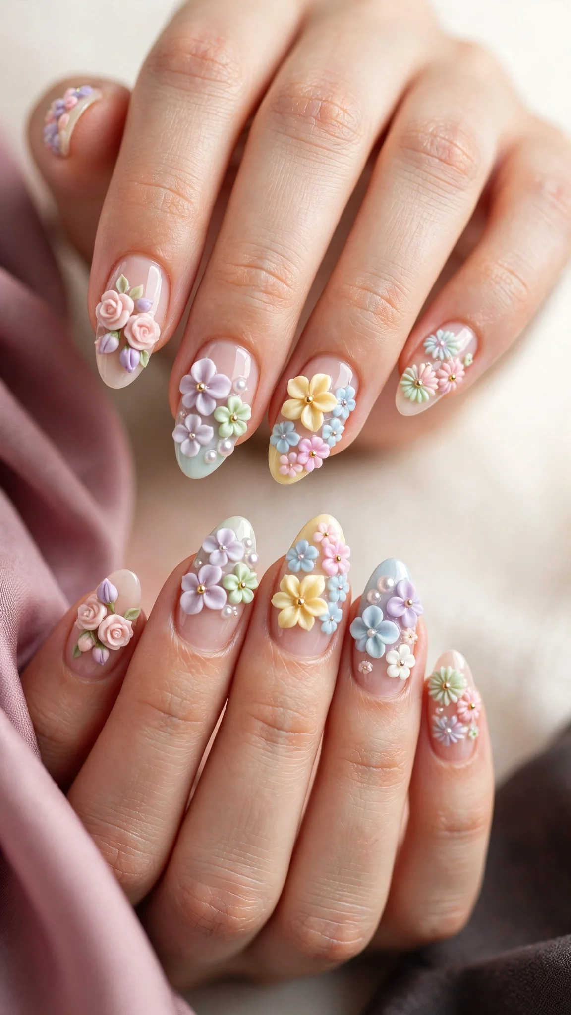 U&ntilde;as acr&iacute;licas decoradas con flores 3D