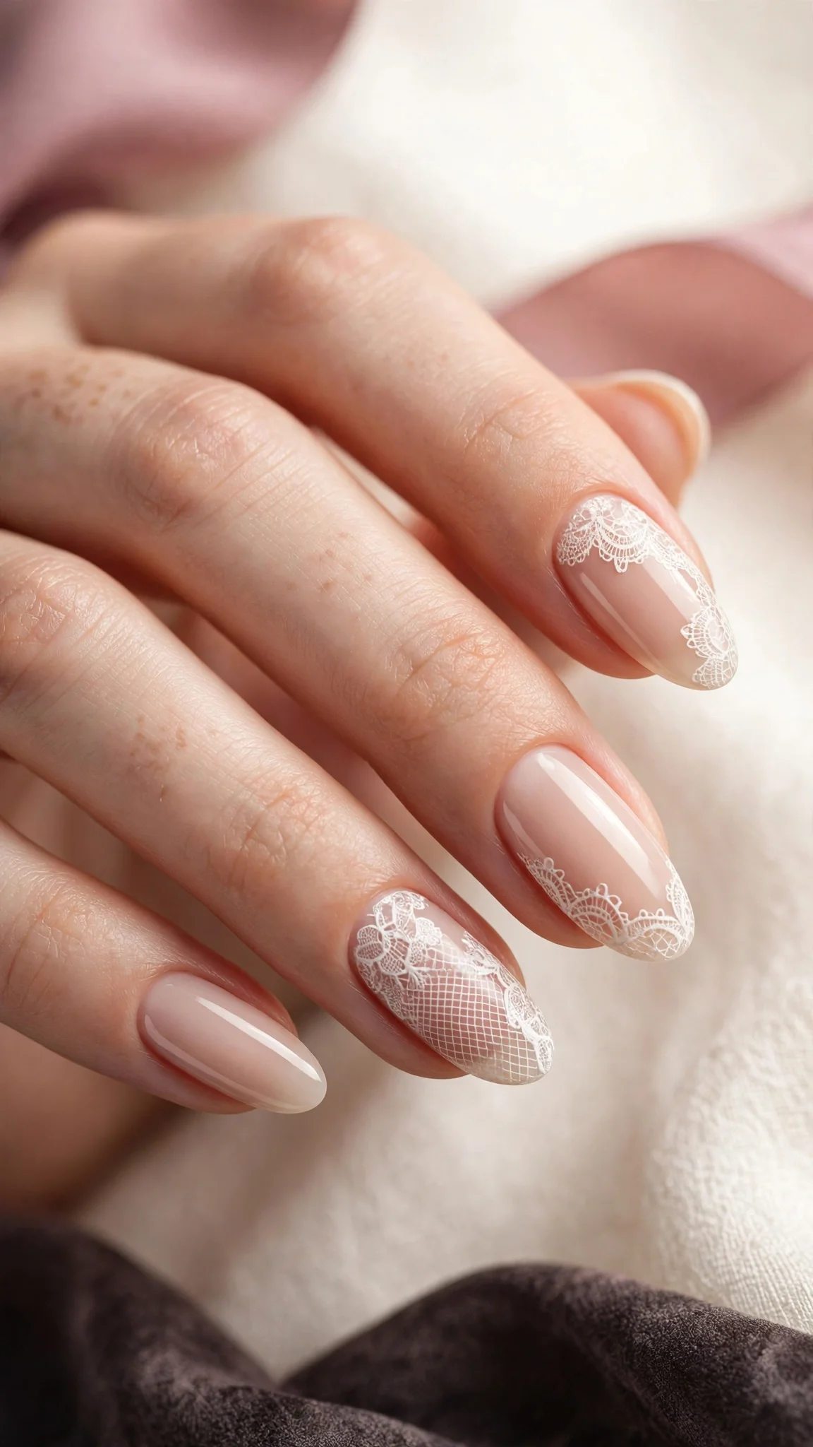 U&ntilde;as acr&iacute;licas con patr&oacute;n de encaje blanco