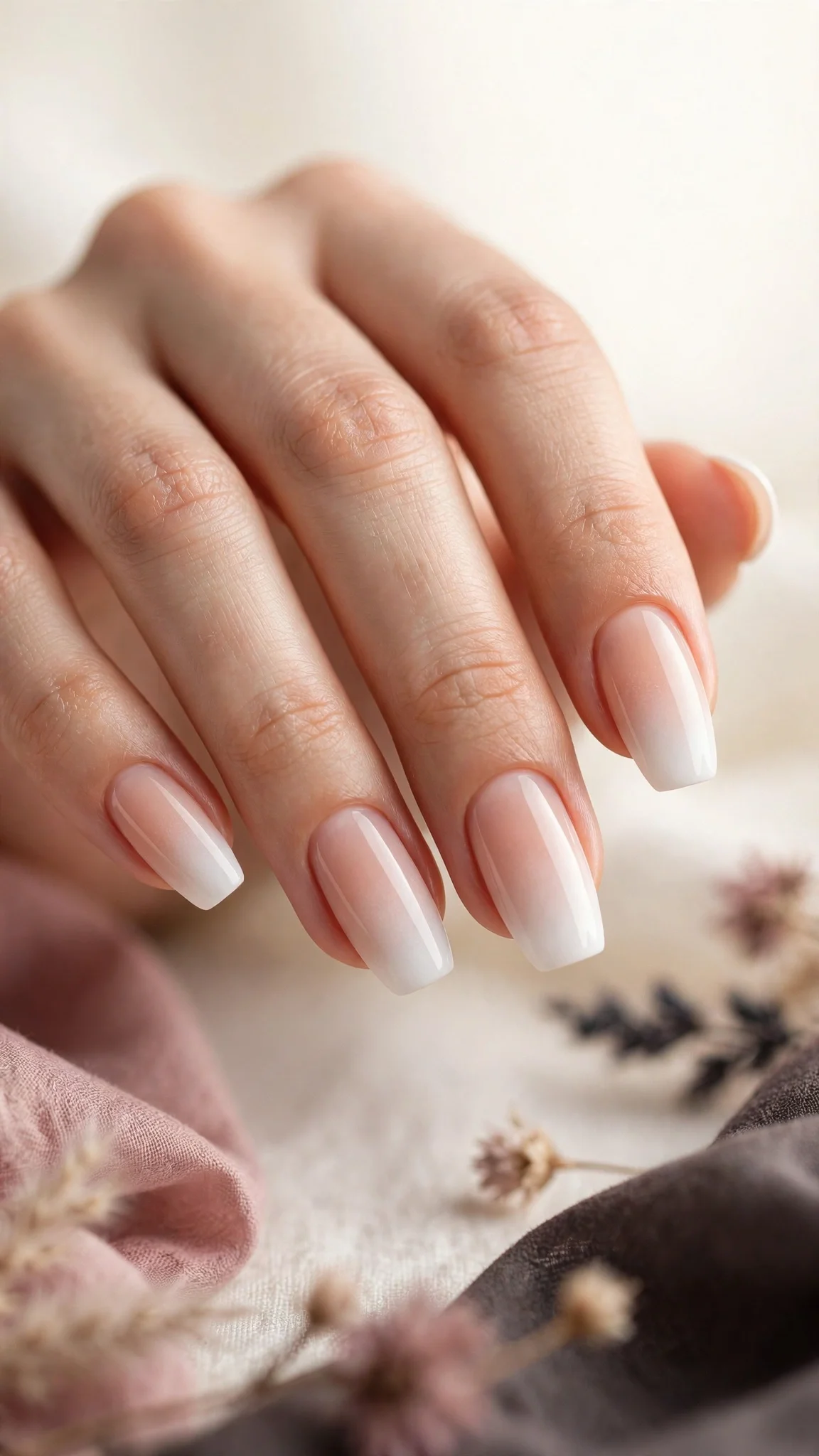 U&ntilde;as acr&iacute;licas con ombr&eacute; suave de nude a blanco