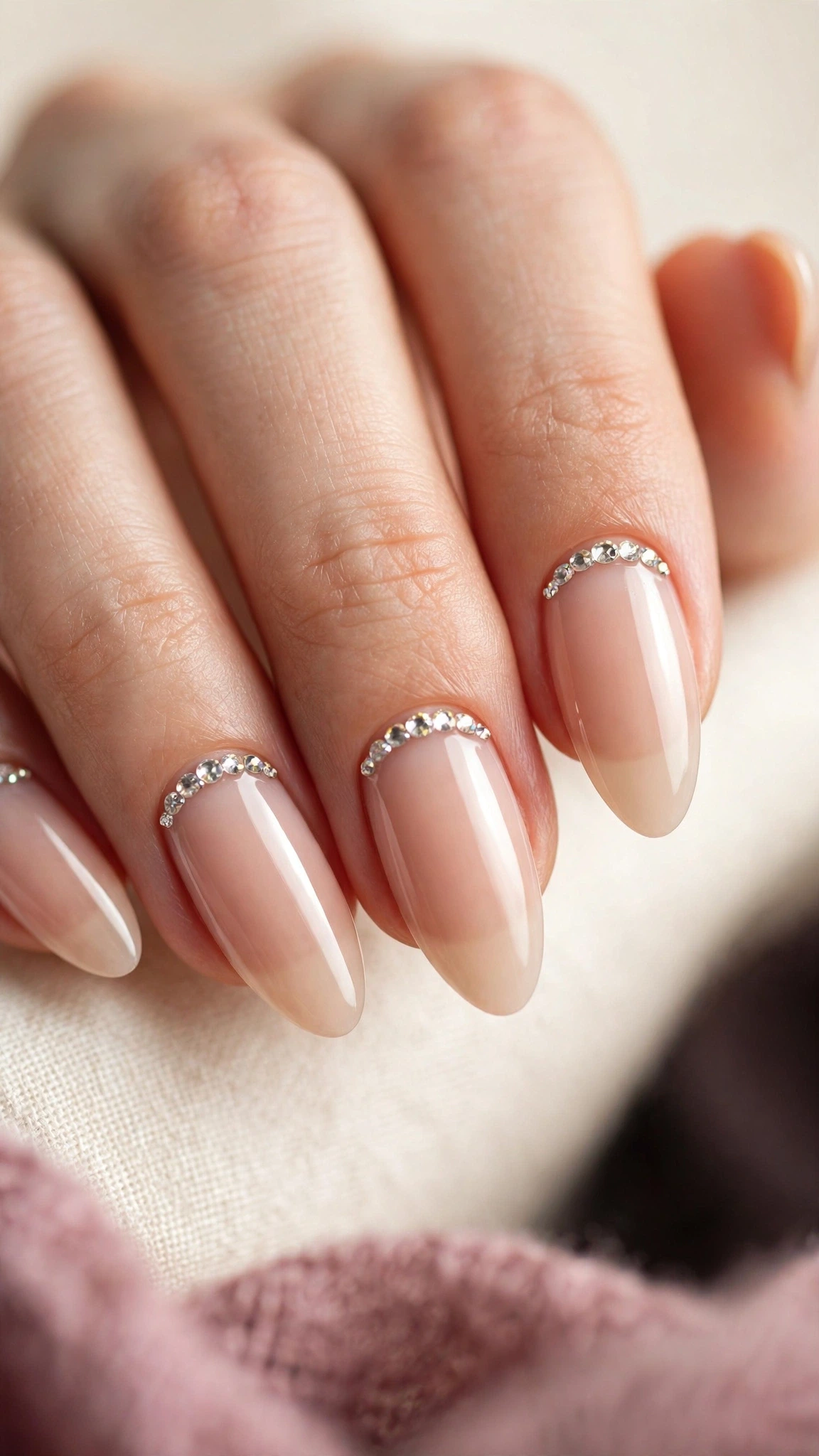 Manicura nude con fila de cristales transparentes a lo largo de la cutícula