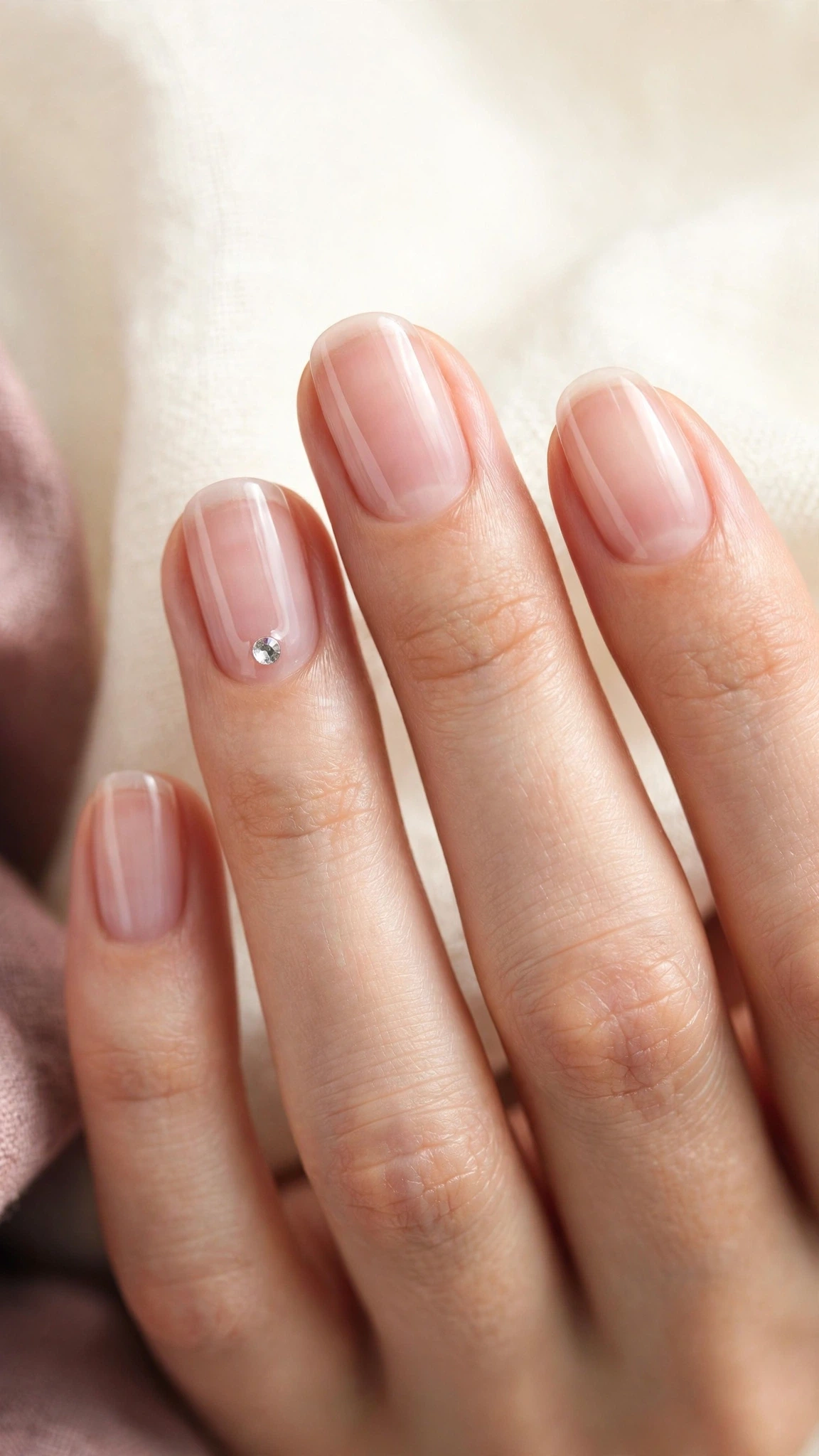 Manicura minimalista con un solo cristal pequeño en el dedo anular sobre base rosada