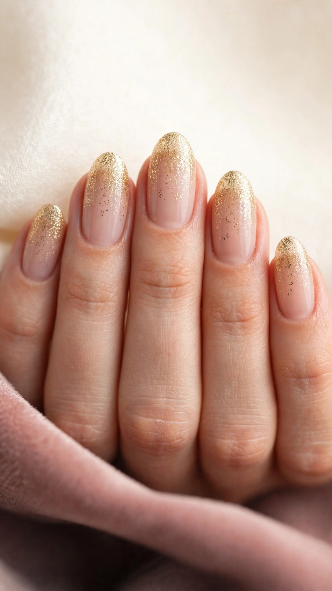 Manicura nude con glitter dorado en degradado desde la punta hacia la base