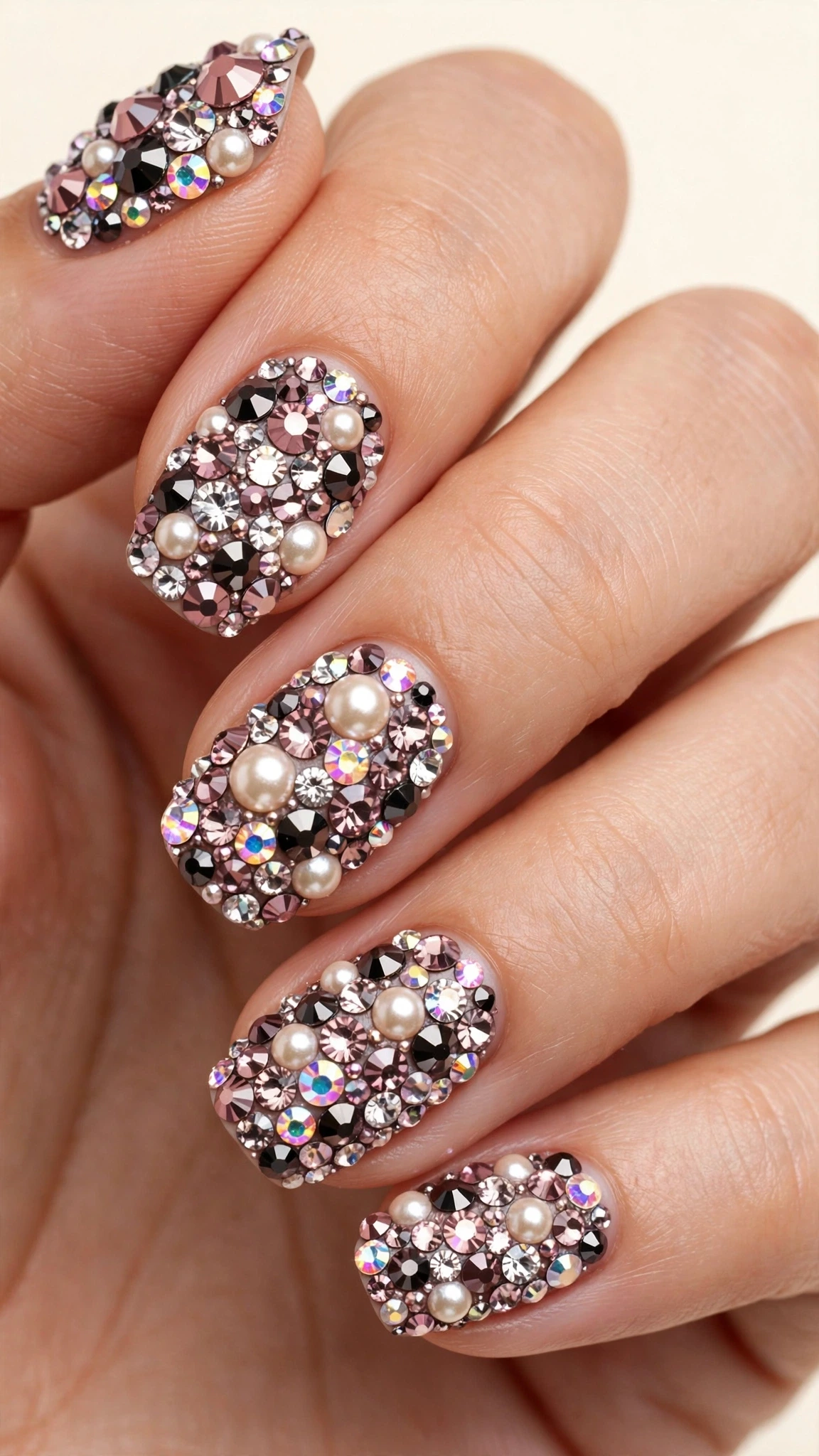 Manicura completamente cubierta de pedrería y cristales multicolor estilo joya