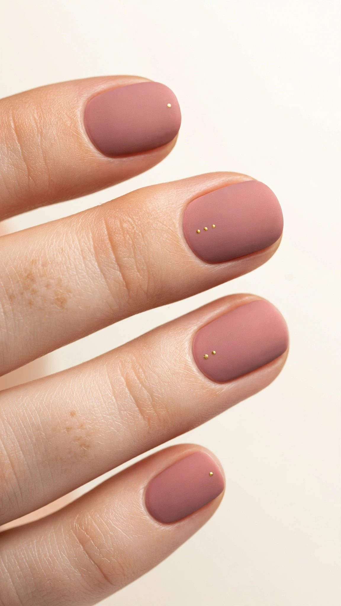 Manicura color malva mate con pequeños puntos dorados