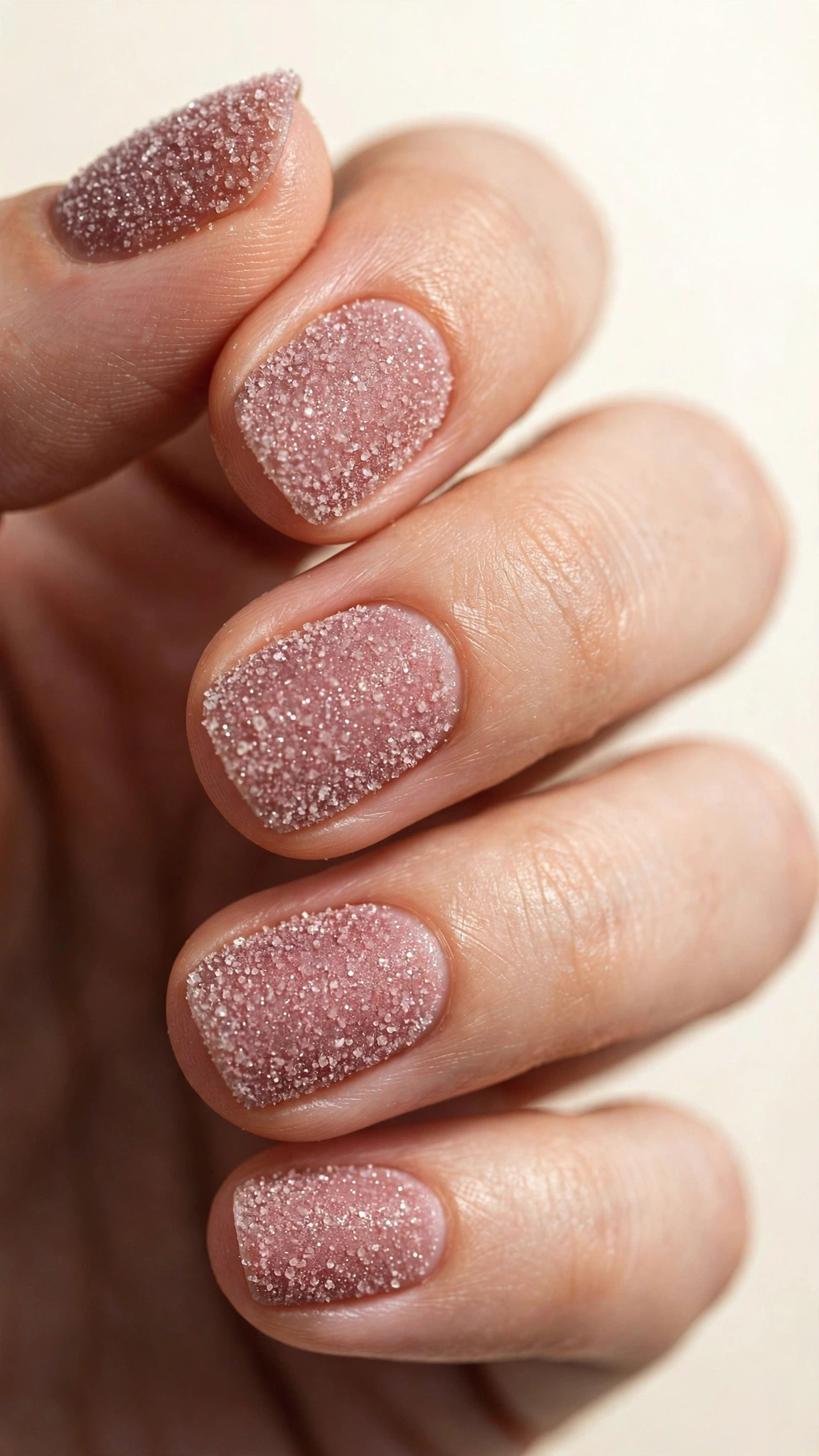 Manicura con efecto azúcar de micro brillos en tono malva