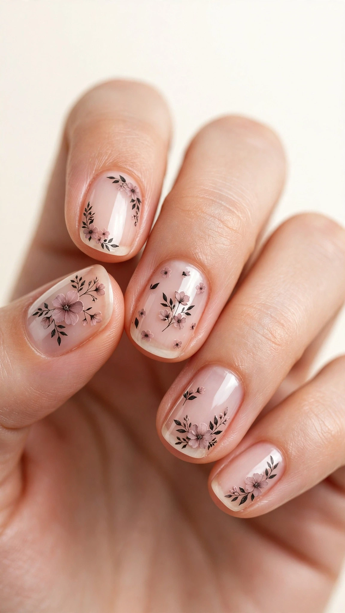 Manicura con stickers de flores delicadas sobre base clara