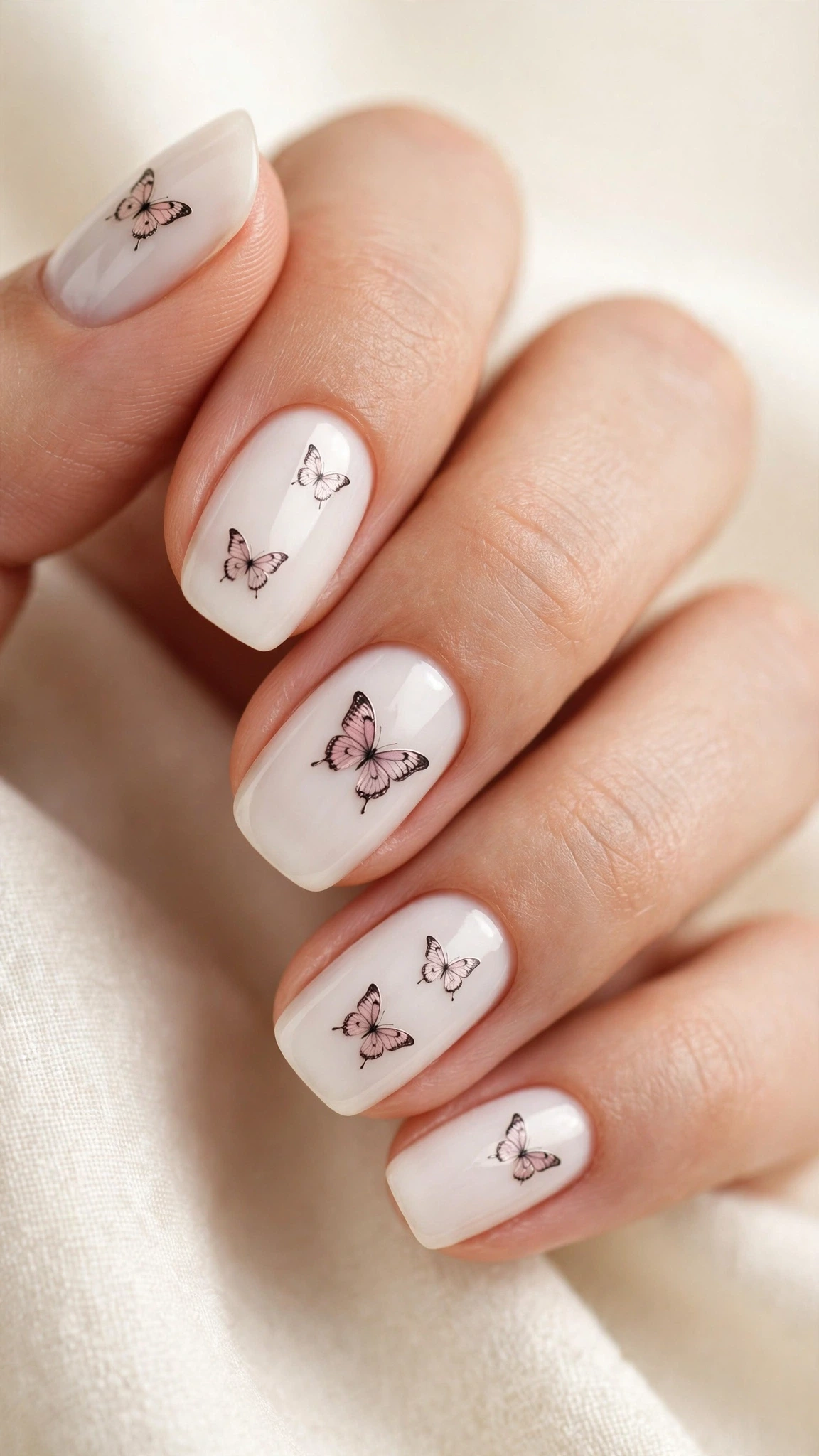 Manicura con calcomanías de mariposas delicadas sobre blanco lechoso