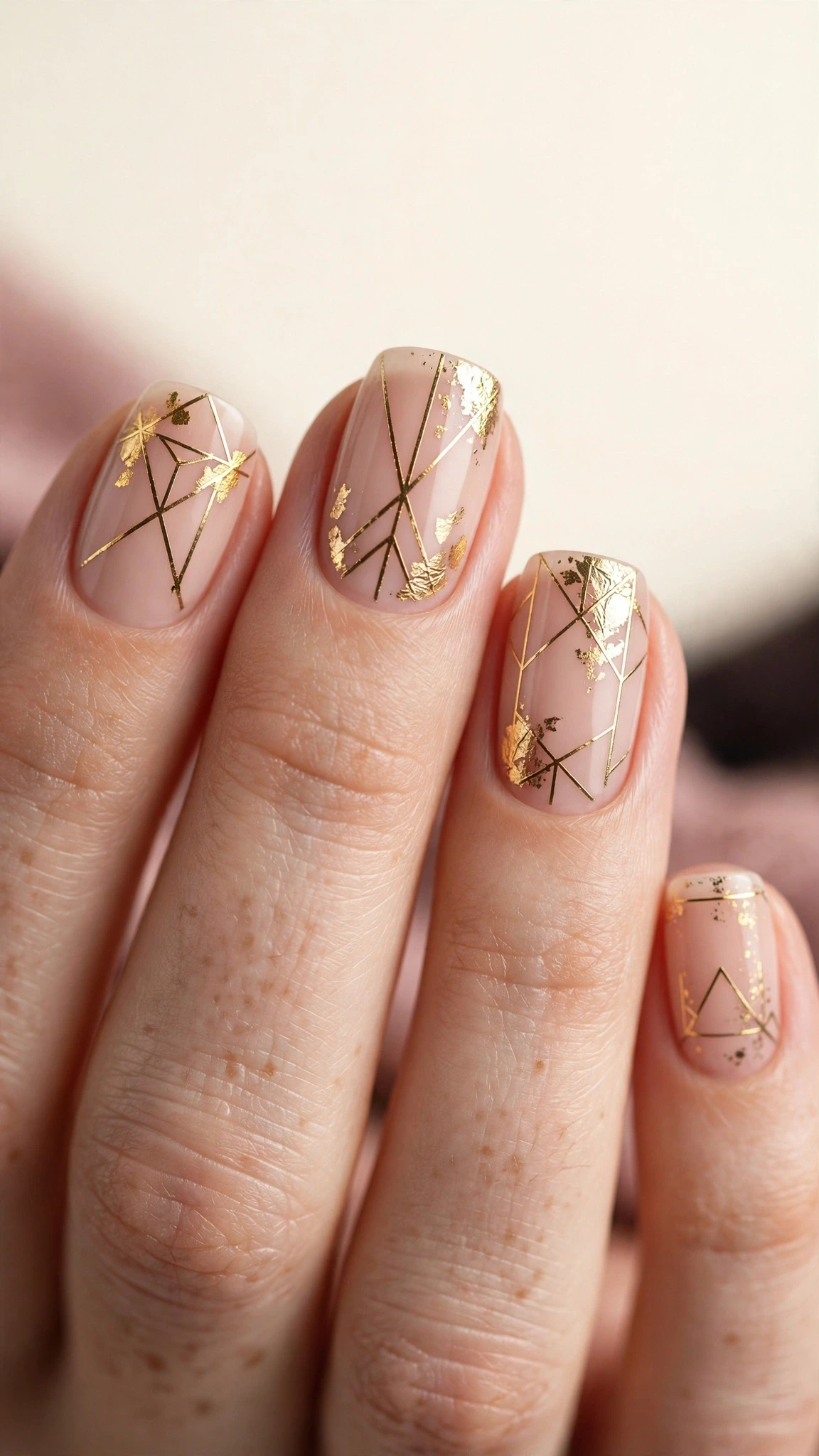 Manicura nude con pegatinas de líneas doradas metálicas geométricas