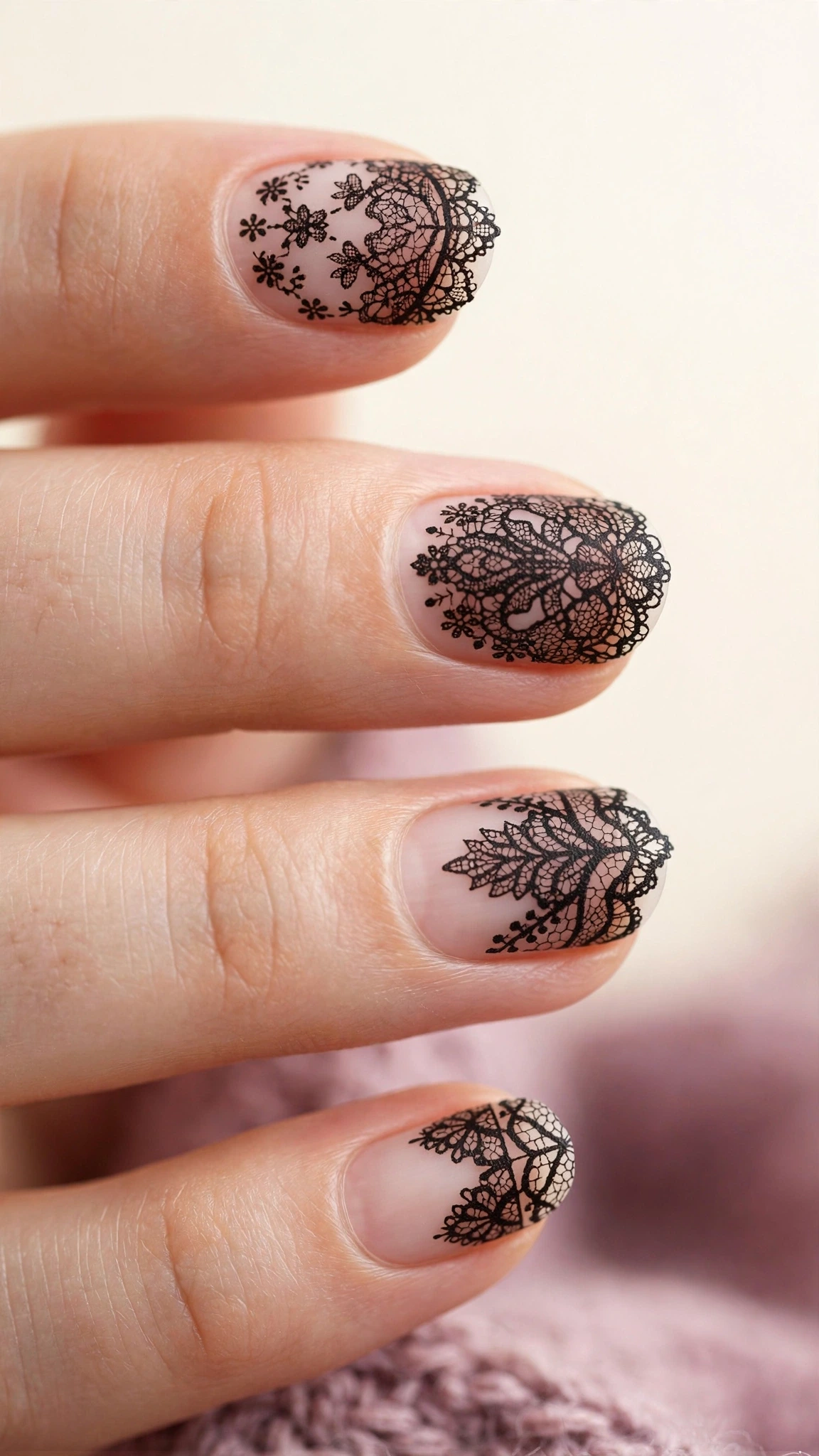 Manicura con tatuajes temporales de encaje negro estilo delicado
