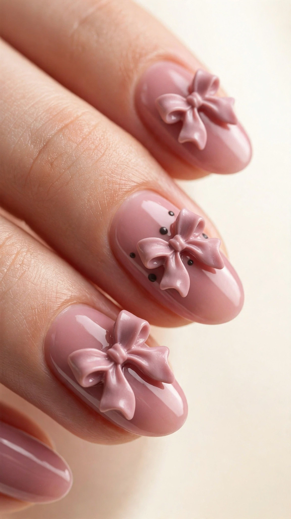 Manicura rosa con lazos 3D con volumen