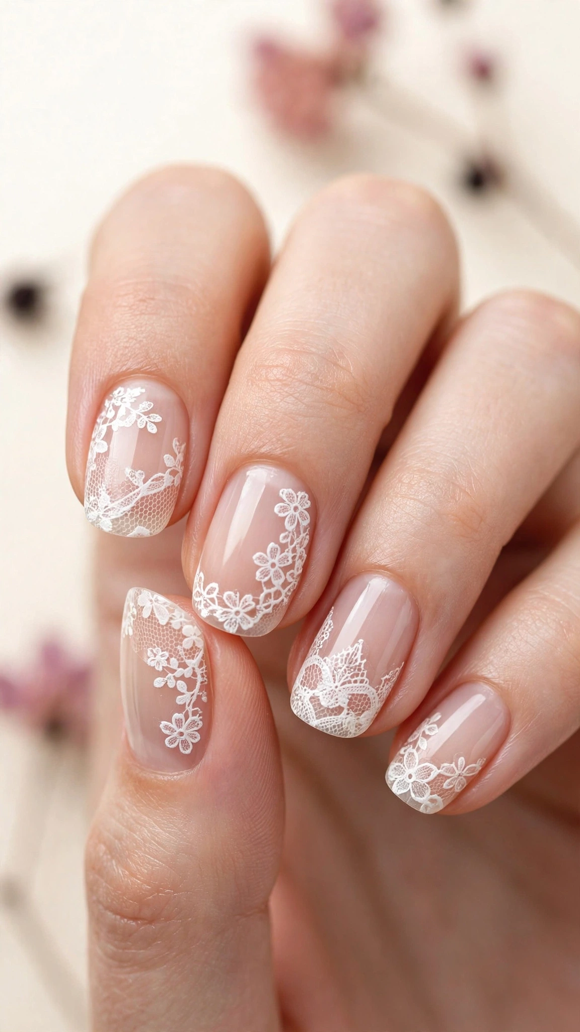 Manicura con efecto encaje blanco para bodas sobre base transparente