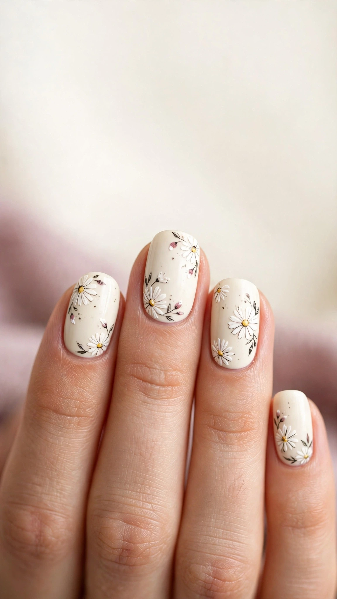 Manicura con margaritas blancas pintadas a mano sobre base crema