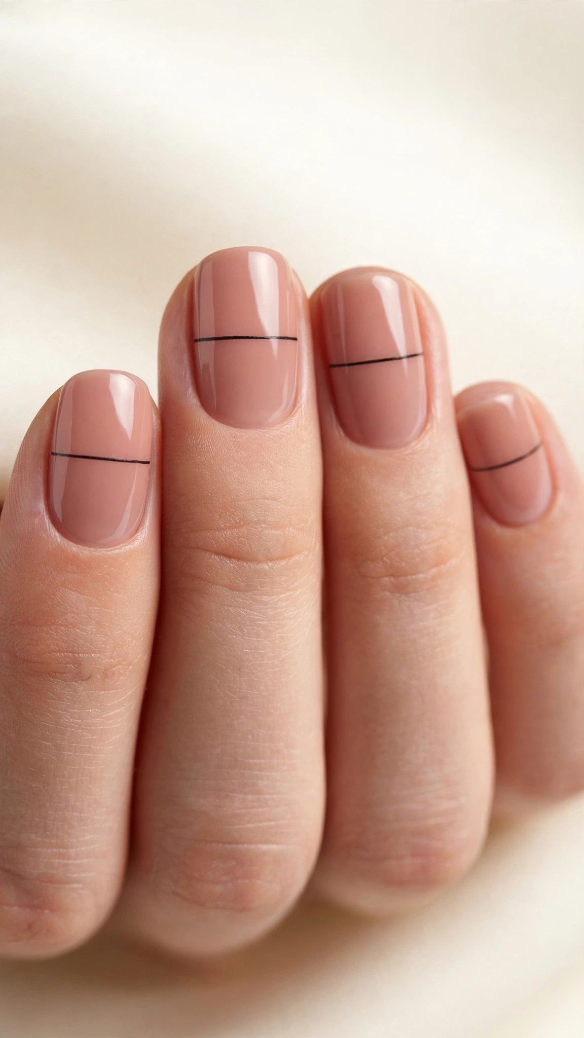 Manicura minimalista con una línea negra elegante sobre nude