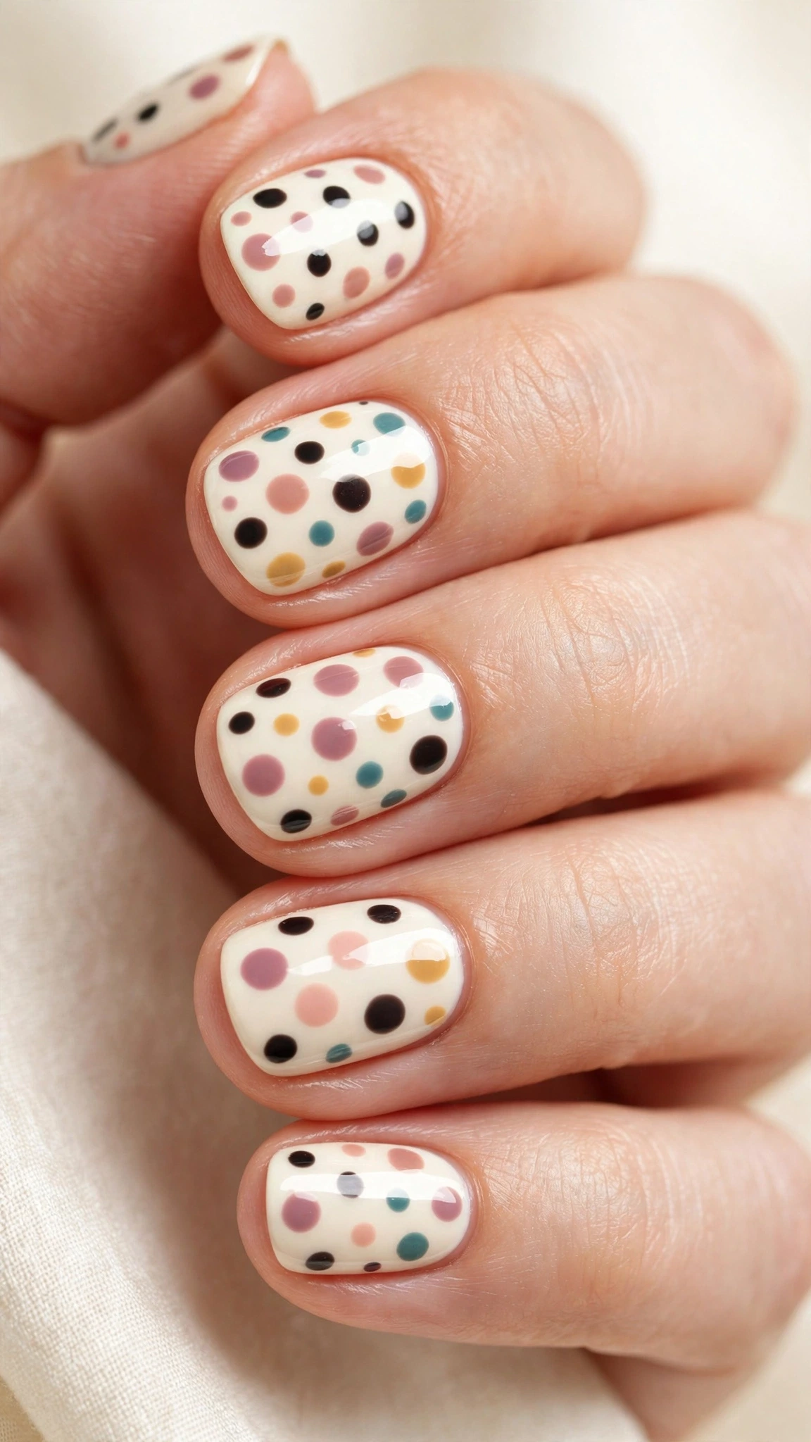 Manicura con lunares de colores sobre base crema