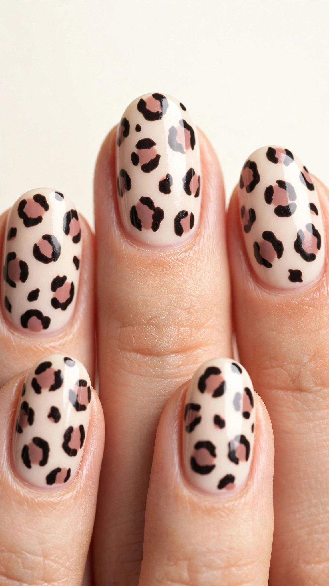 Manicura con animal print de leopardo sobre base nude