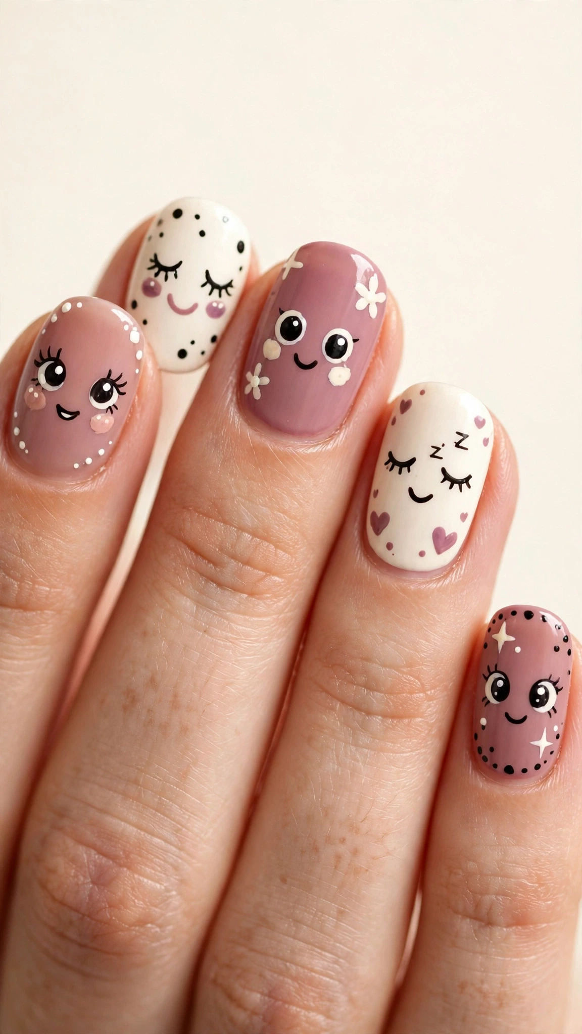 Manicura divertida con caritas y ojos pintados a mano