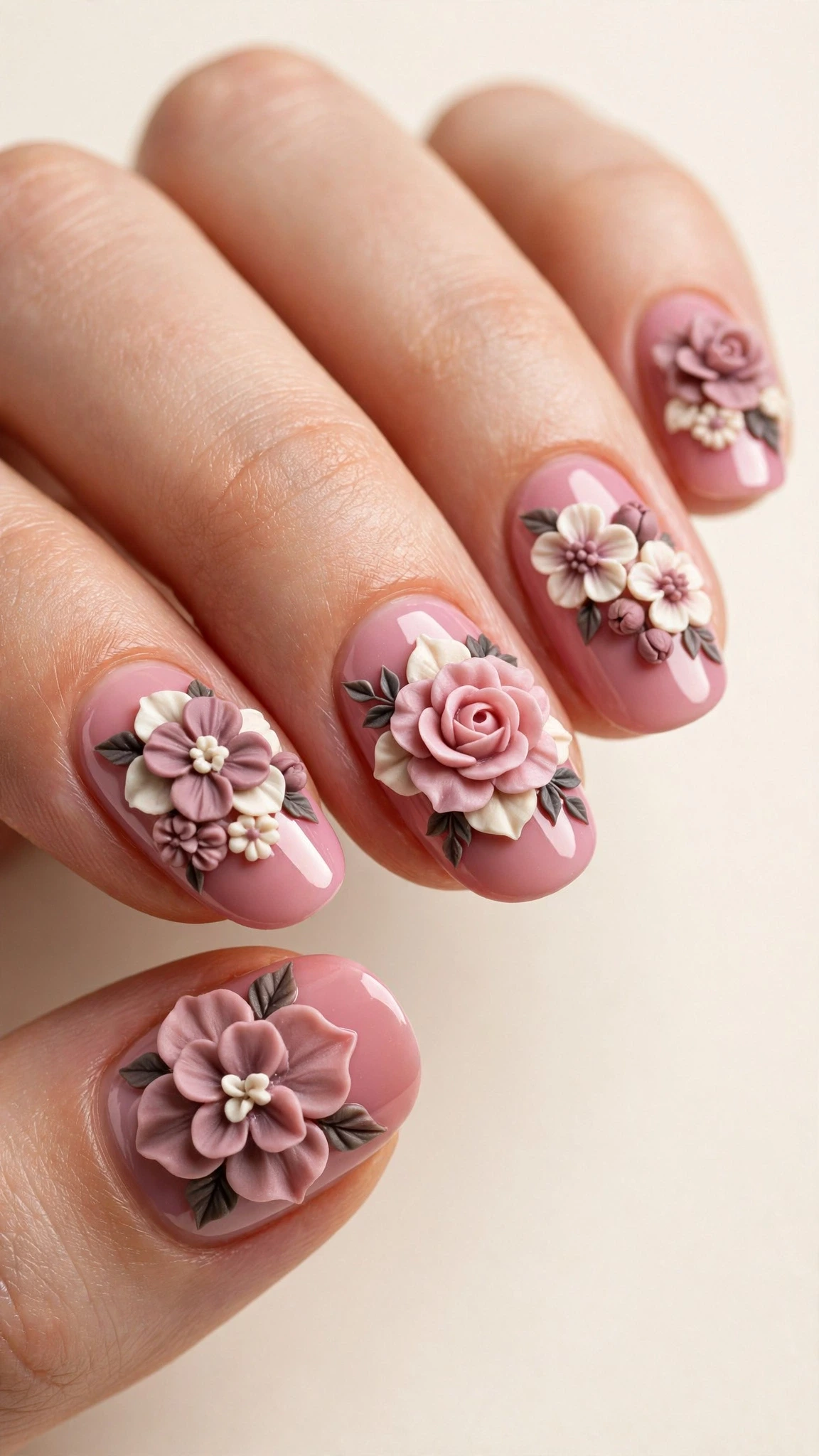 Manicura con flores 3D esculpidas en acrílico sobre base rosa