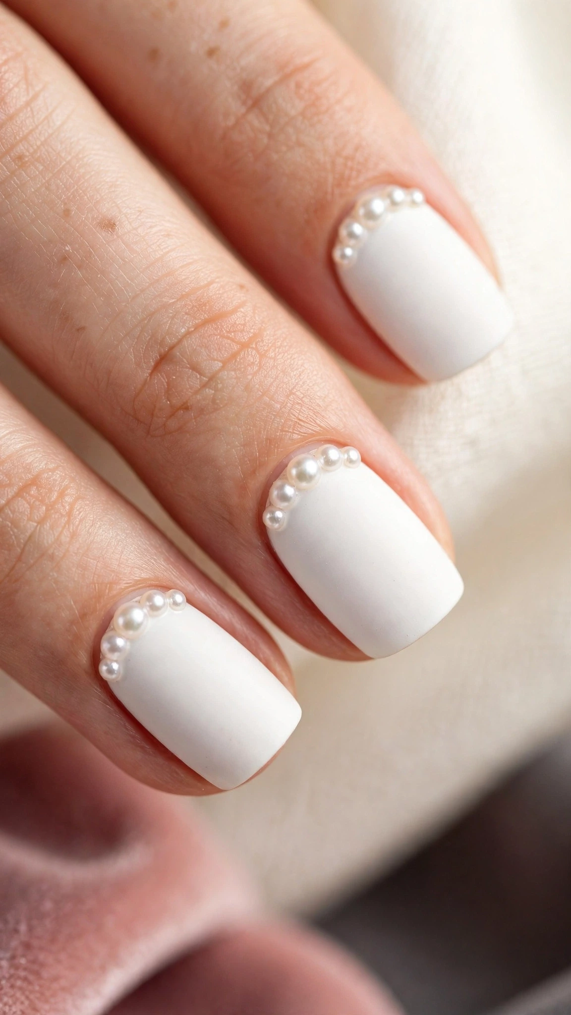 Manicura blanca con perlas pequeñas adheridas cerca de la cutícula