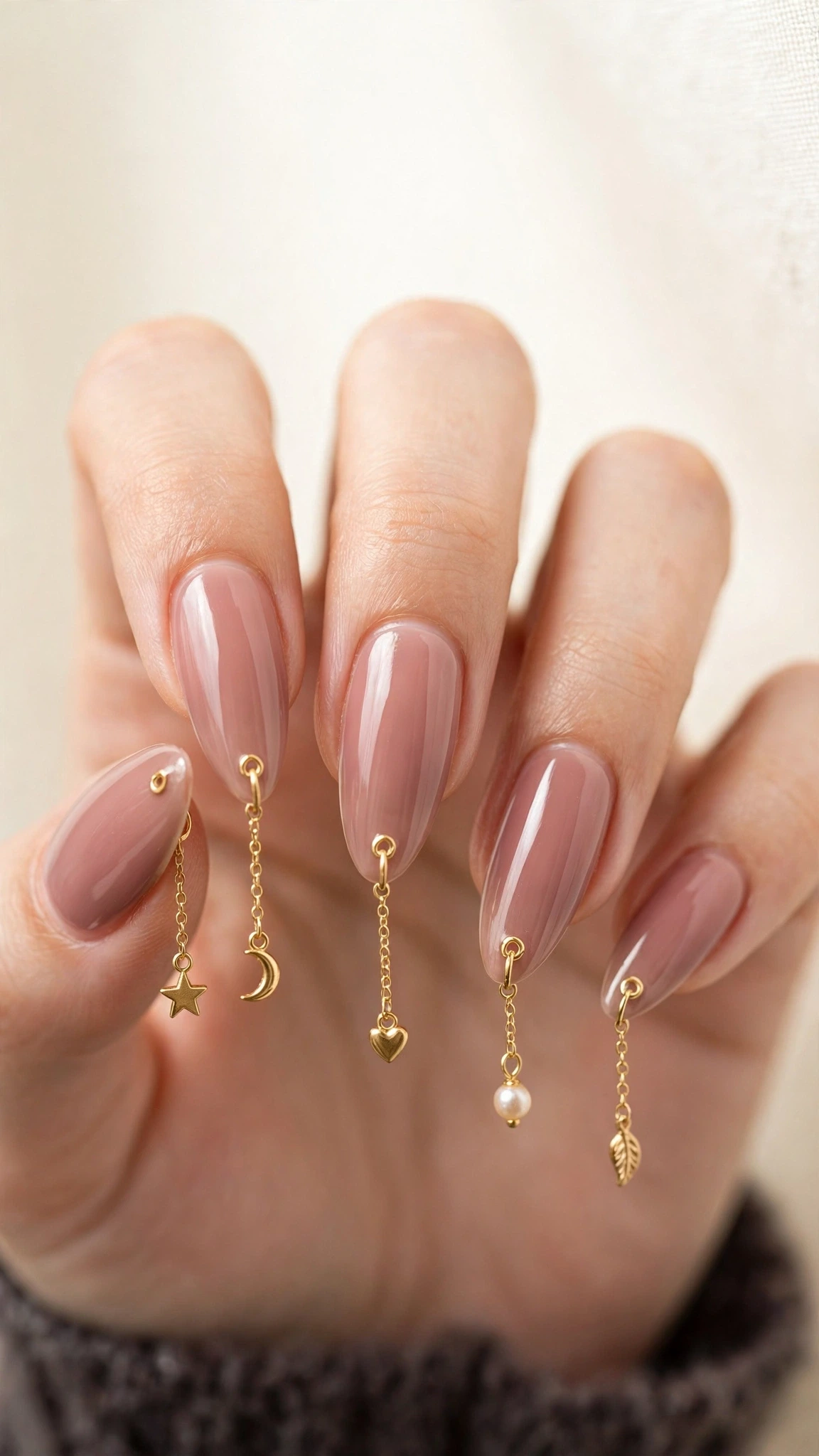 Manicura larga almendrada con pequeños charms dorados colgantes