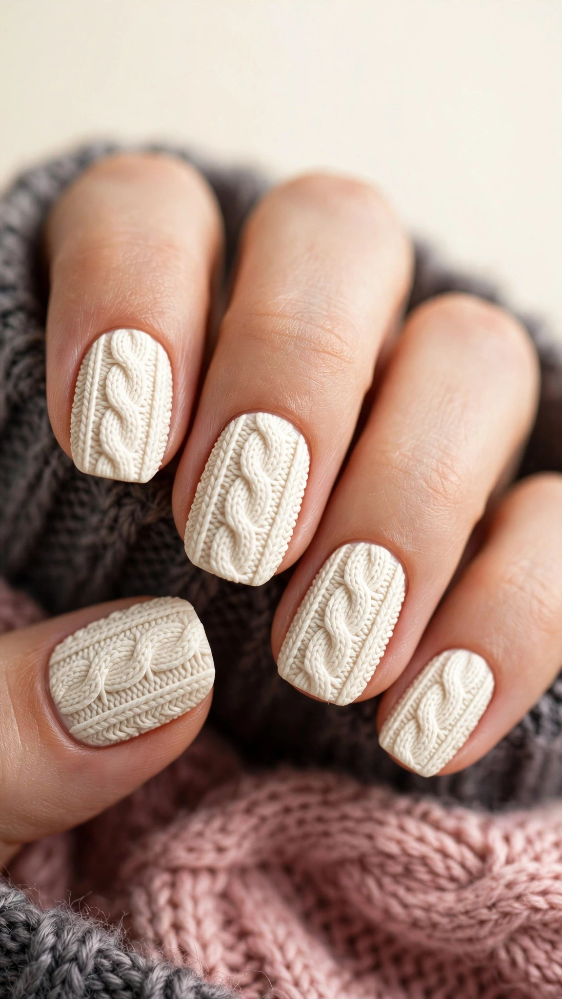 Manicura color crema con textura de suéter tejido en relieve