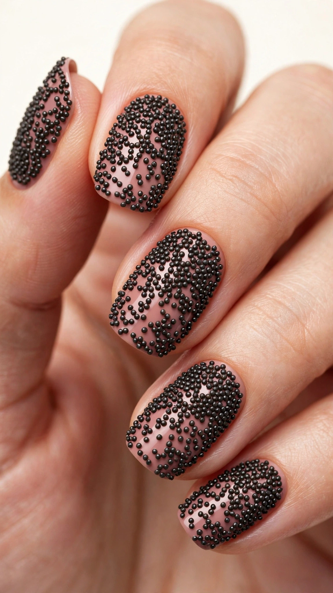 Manicura color malva cubierta de microesferas caviar