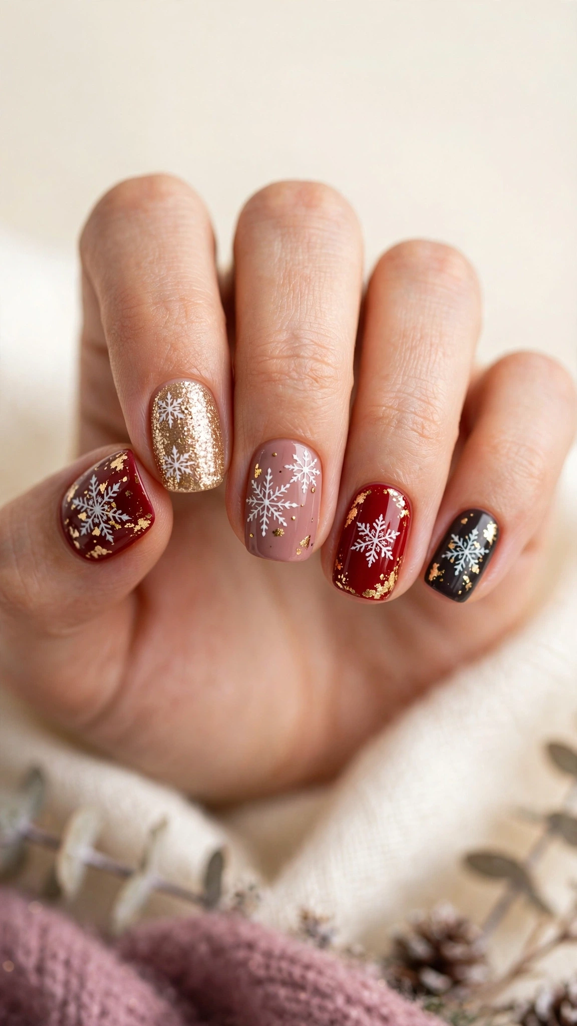 Manicura navideña roja y dorada con copos de nieve blancos