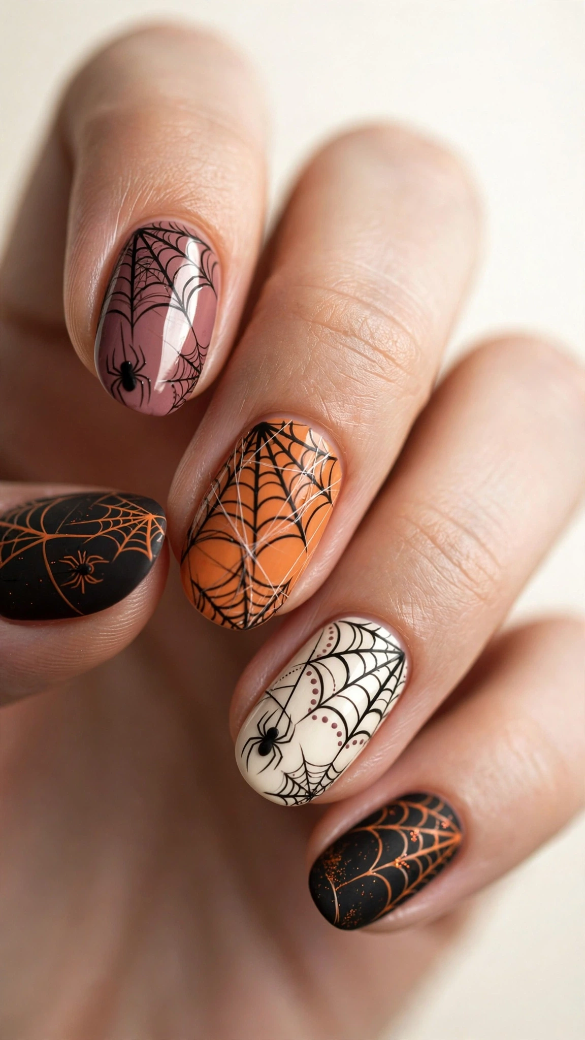 Manicura de Halloween negra y naranja con telarañas