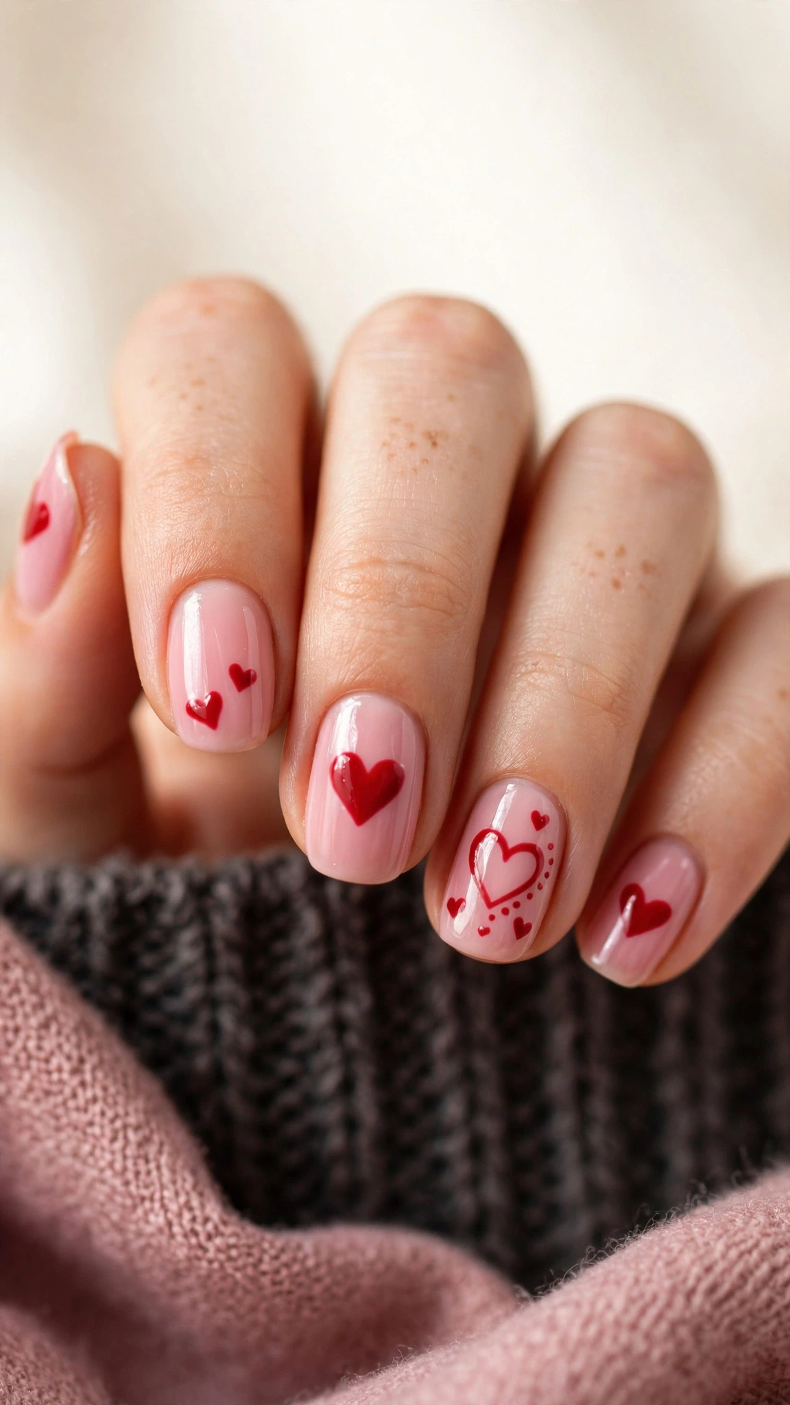 Manicura rosa de San Valentín con corazones rojos