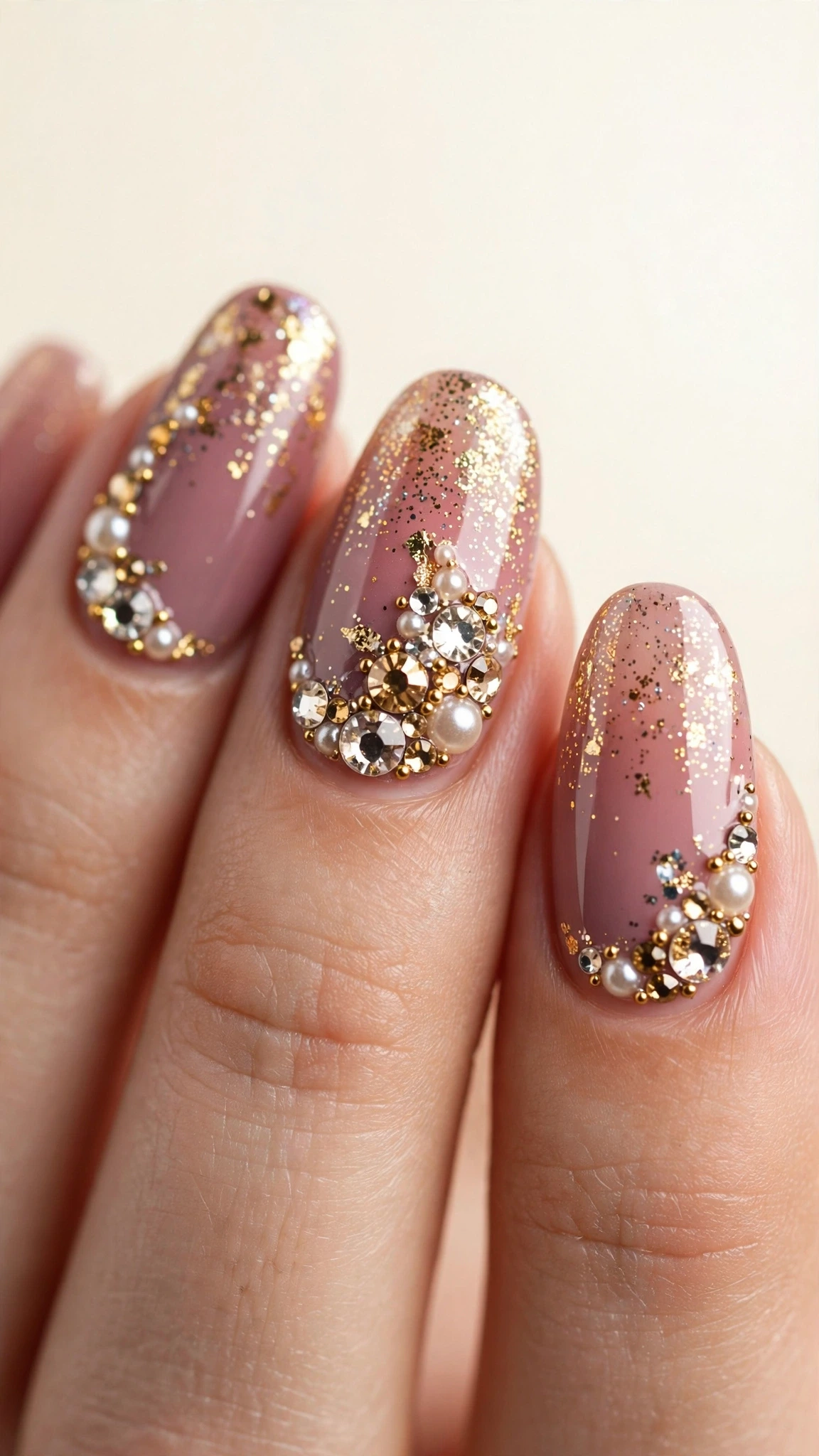 Manicura elegante para quinceañera con brillo y pedrería en rosa y dorado