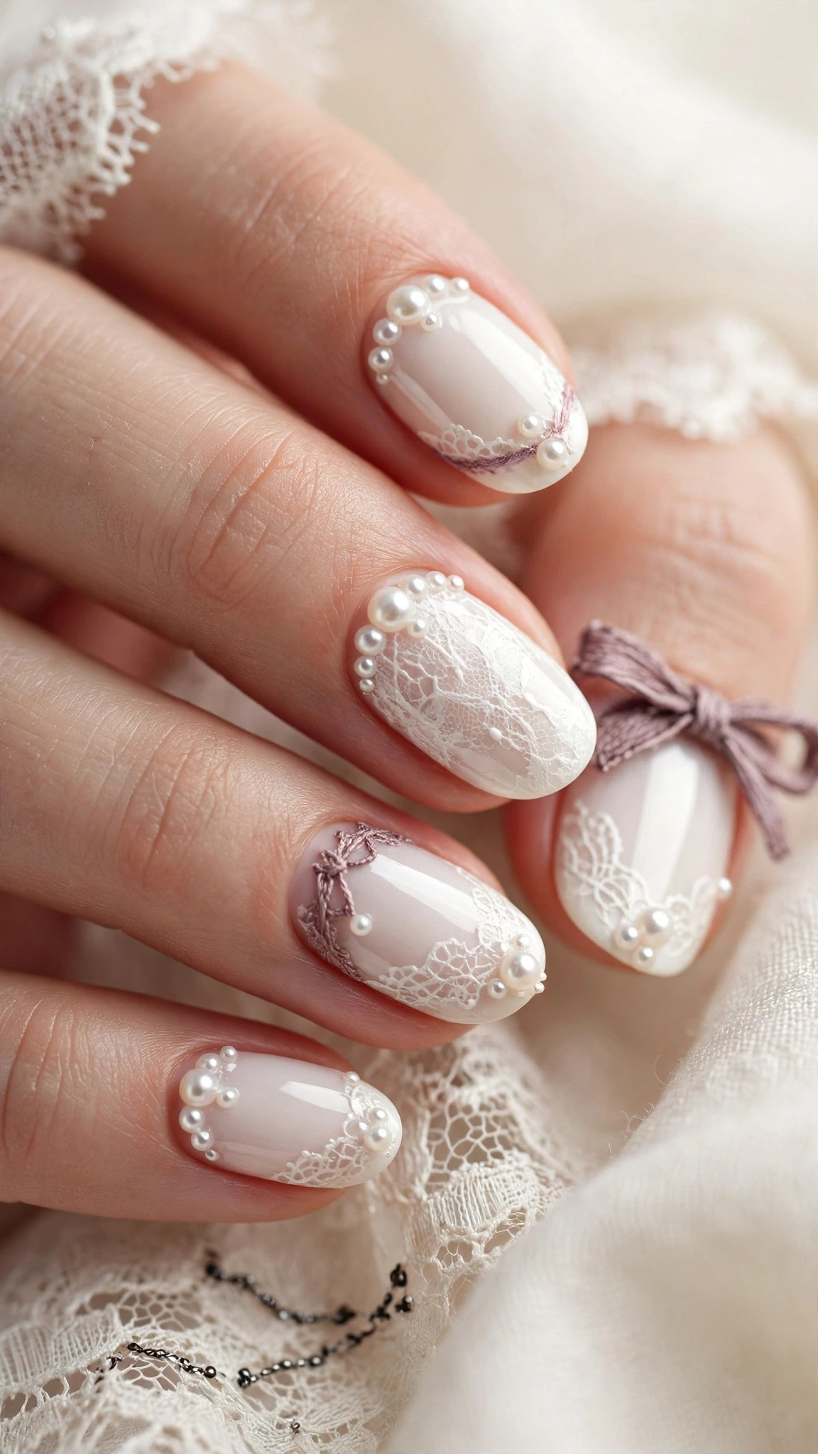 Manicura blanca para boda con perlas y detalles de encaje