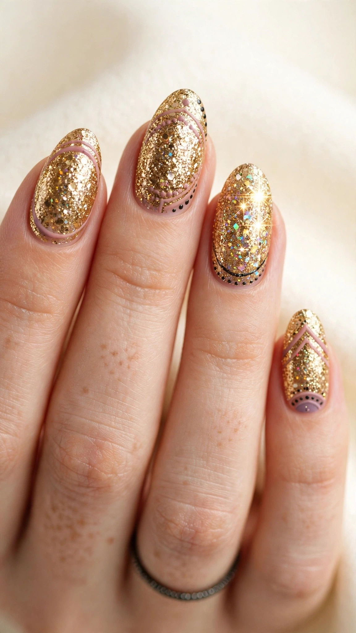 Manicura dorada con glitter para fiesta de Año Nuevo