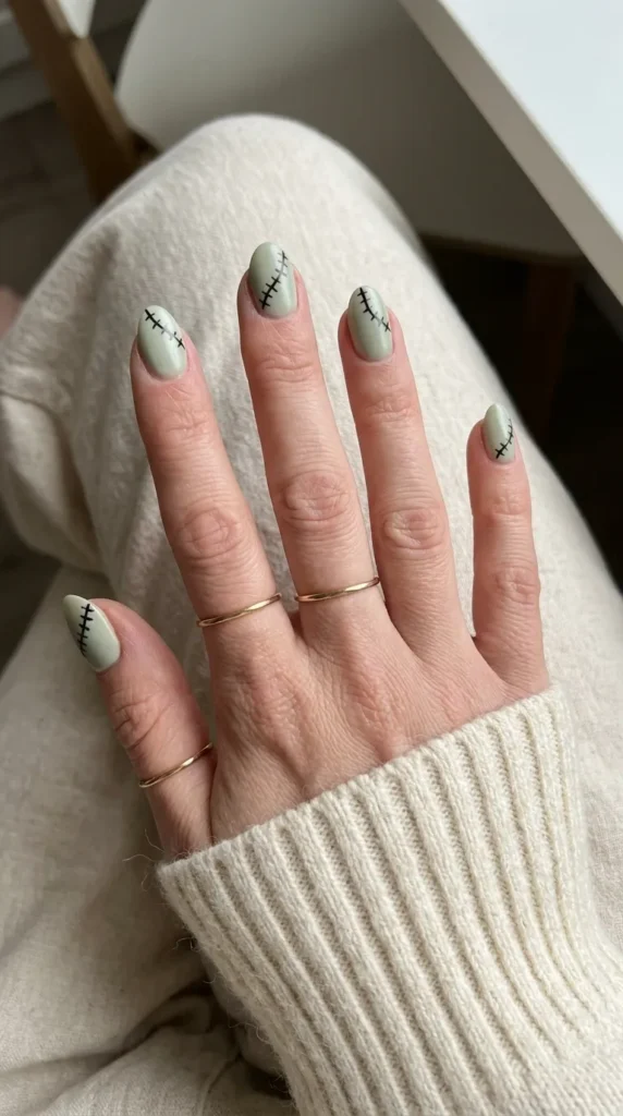 Pale green nails with thin black stitched scar lines