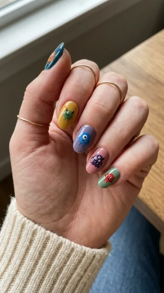 unique halloween nails: five nails each with a different small monster face on a different color