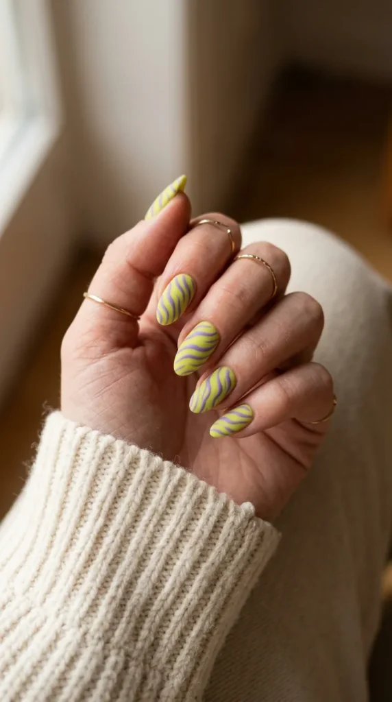 Matte acid green nails with purple zebra stripes