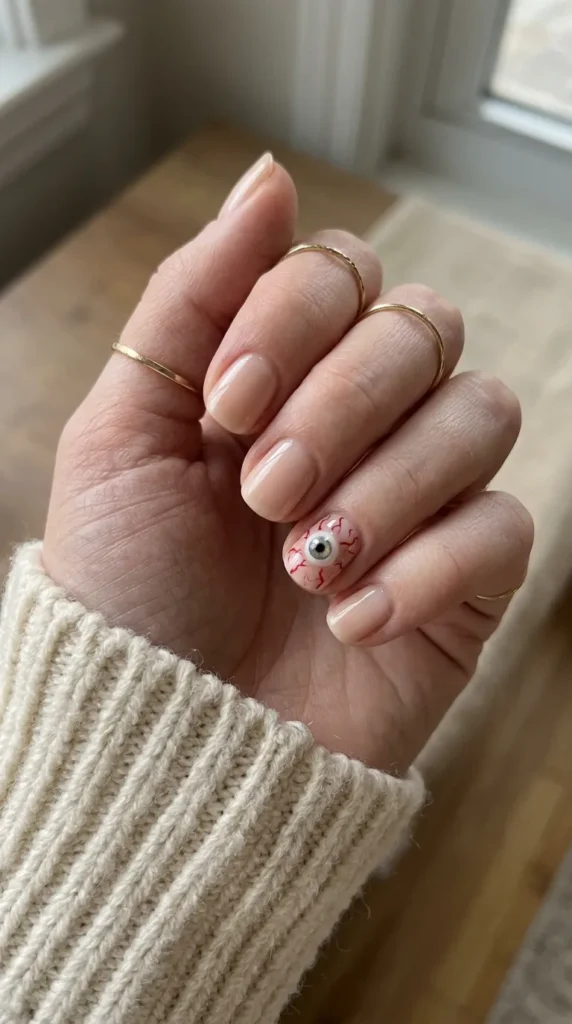 Short nails with small 3D eyeballs and red veins on the ring fingers